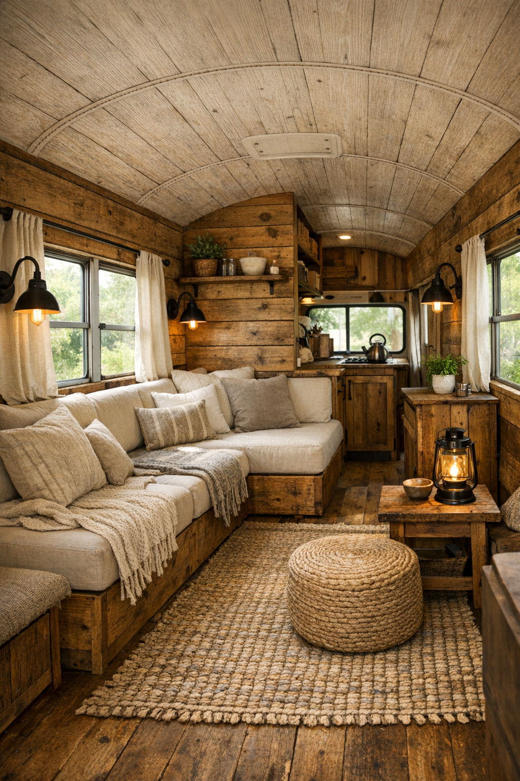 Rustic converted bus living room with built-in bench seating and warm wood finishes