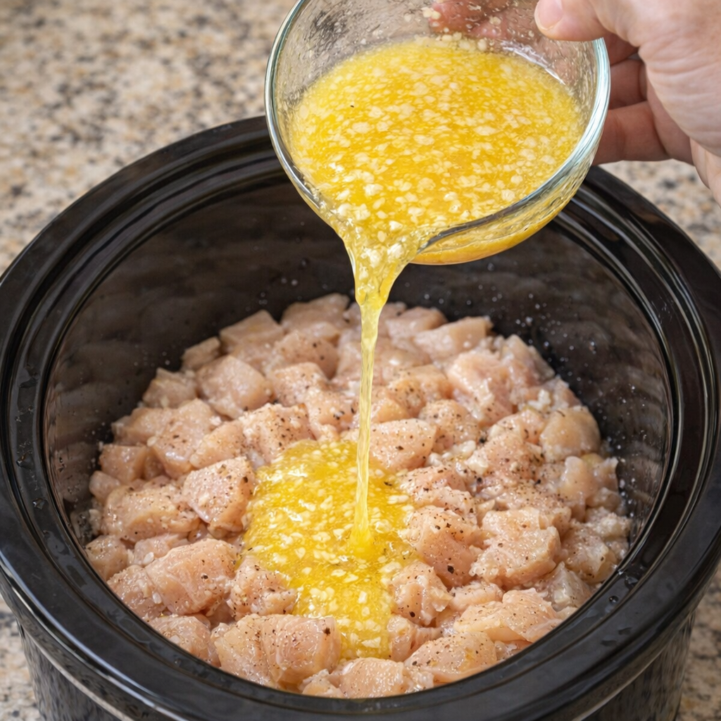 Garlic butter being poured over chicken in the slow cooker