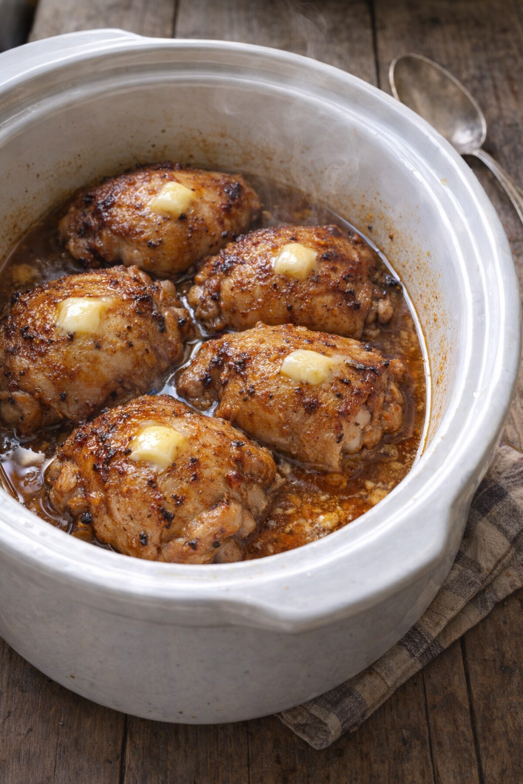 Old-fashioned butter chicken in a white crock on a kitchen table