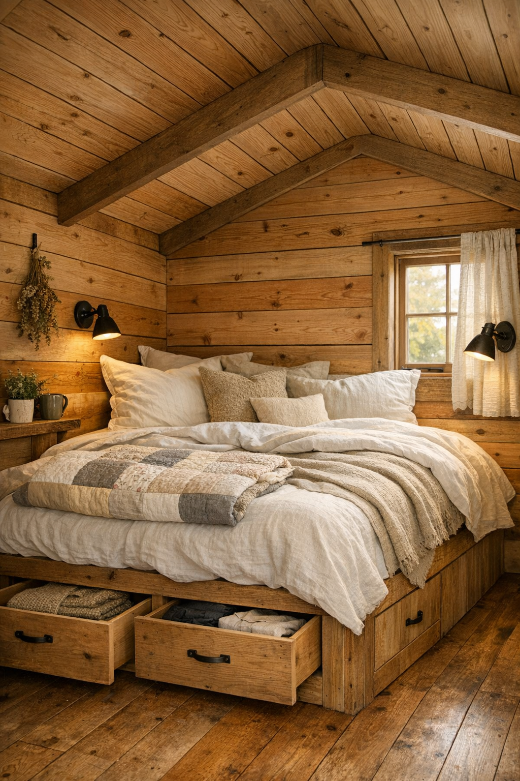 Peaceful cedar-clad tiny home bedroom with layered neutral bedding and built-in storage