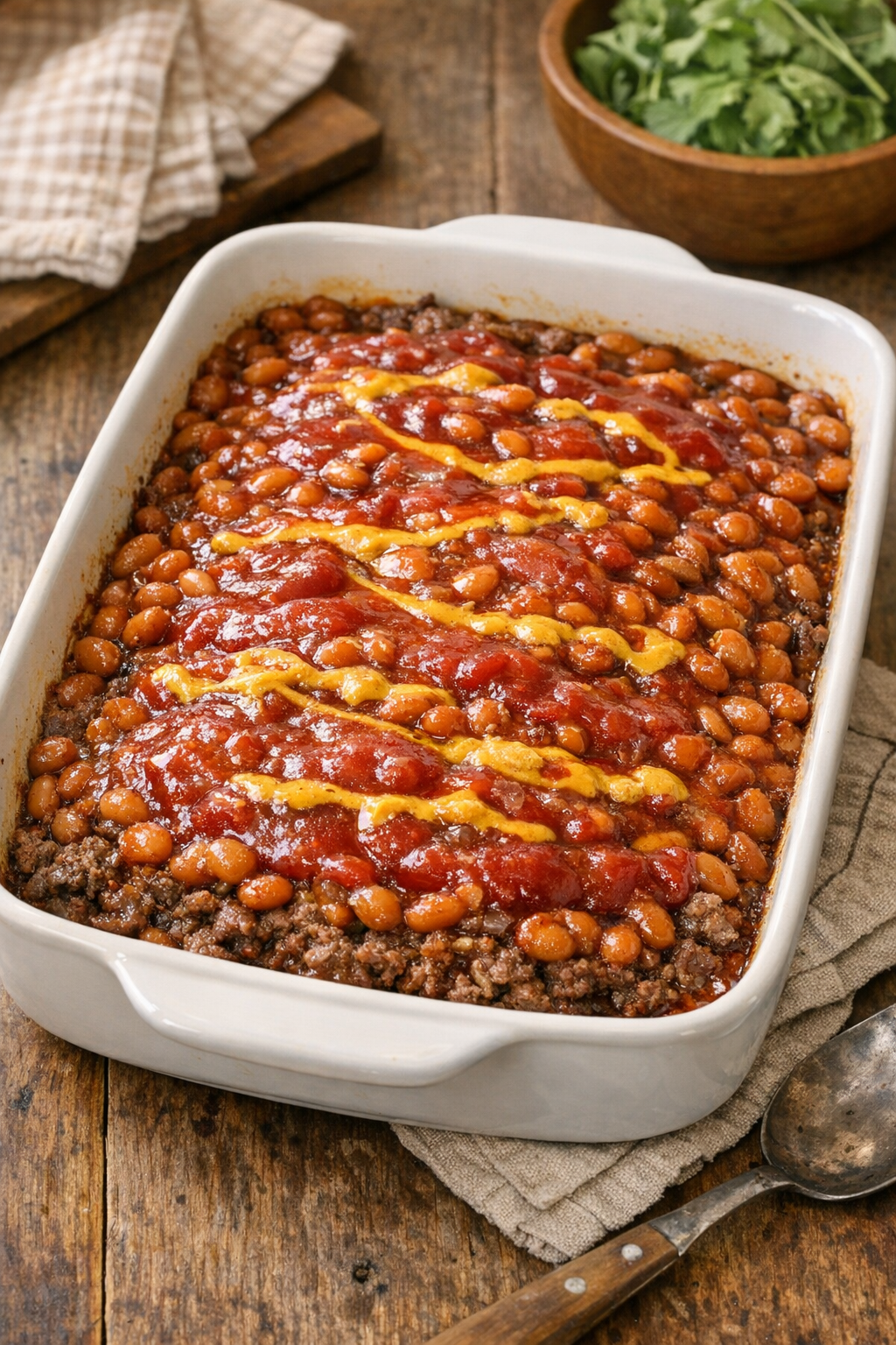 Finished beef and bean bake in a casserole dish