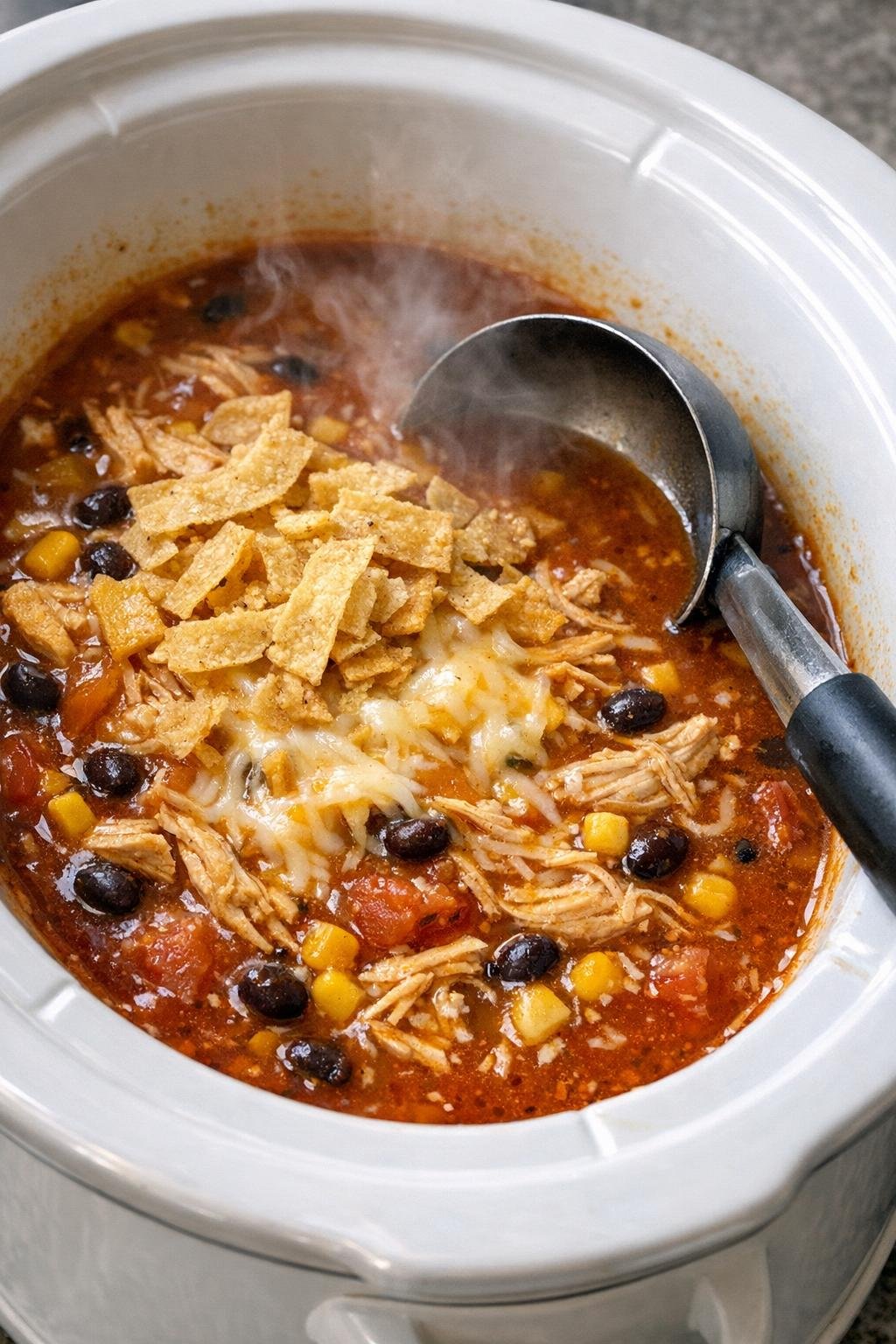 Slow cooker chicken tortilla soup in a white crock