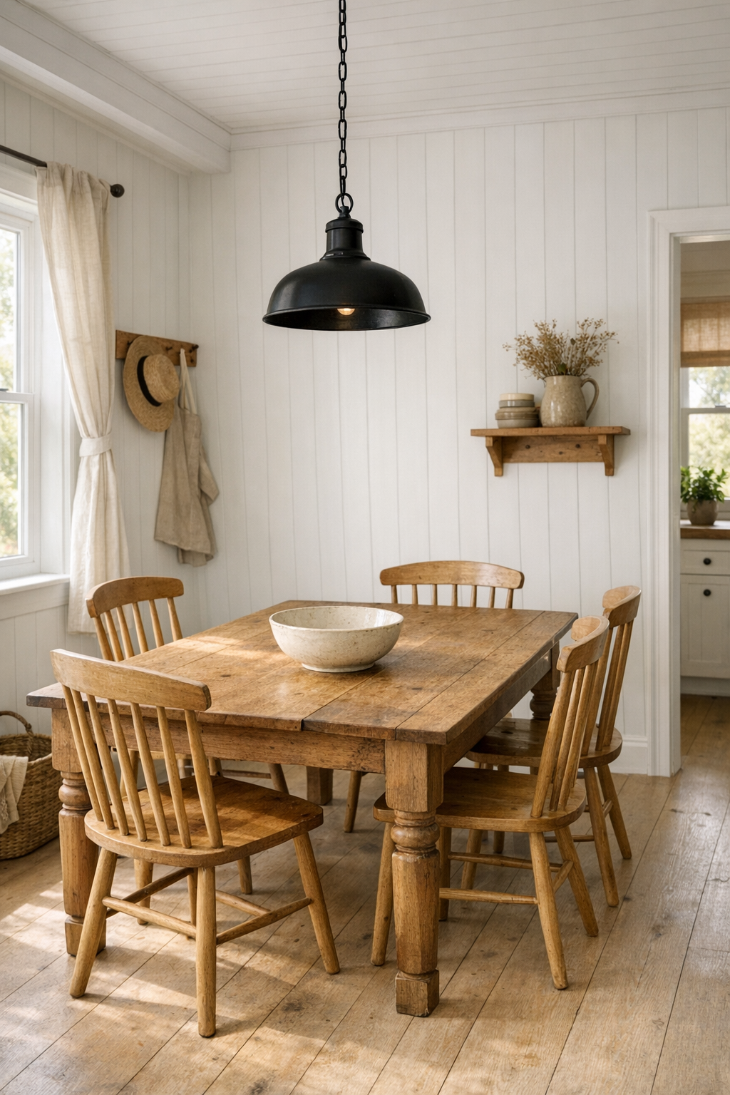 Cozy farmhouse dining area with a small wood table and spindle-back chairs