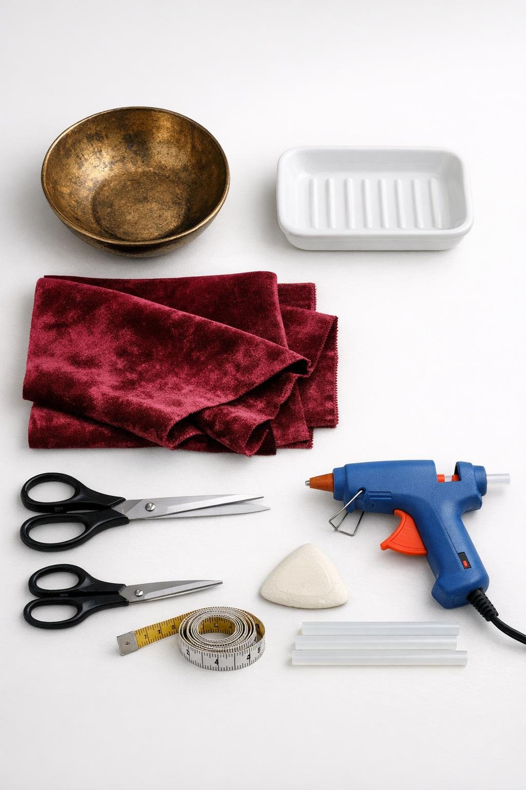 Materials for making a velvet-lined brass bowl jewelry dish with a ceramic soap dish