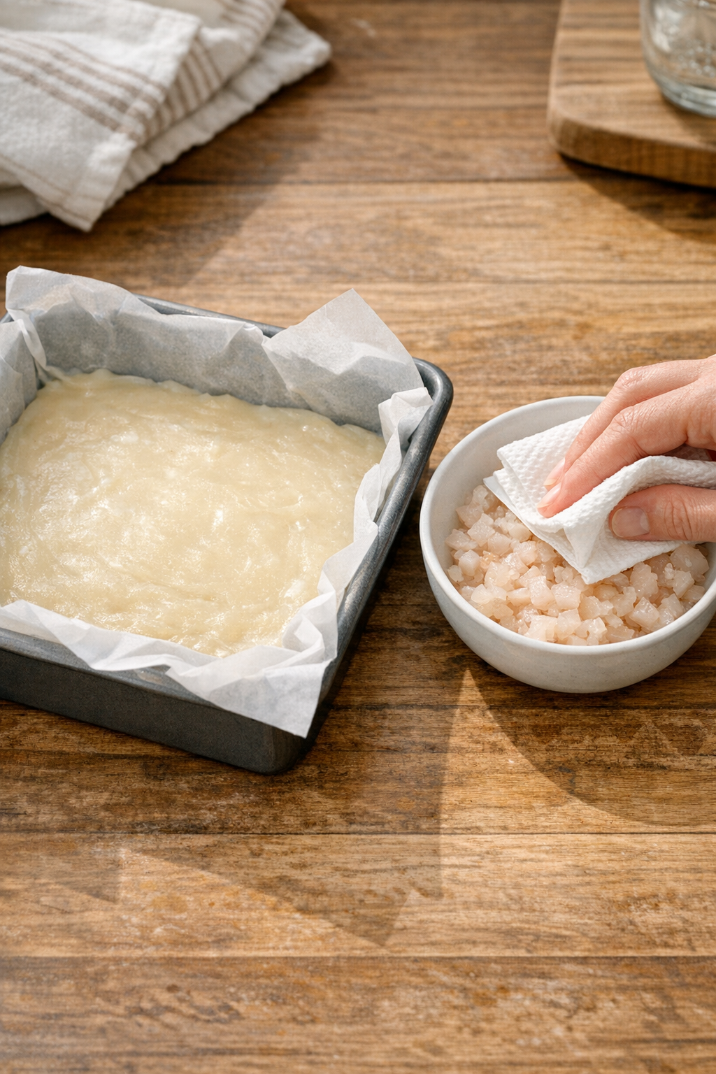 Prepared pan and chopped lychee on a kitchen counter