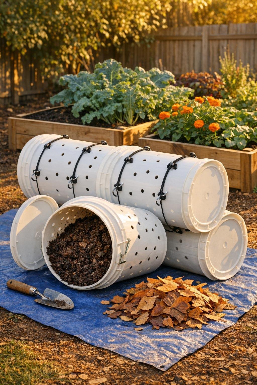 Finished bucket soil amendment bin beside raised garden beds