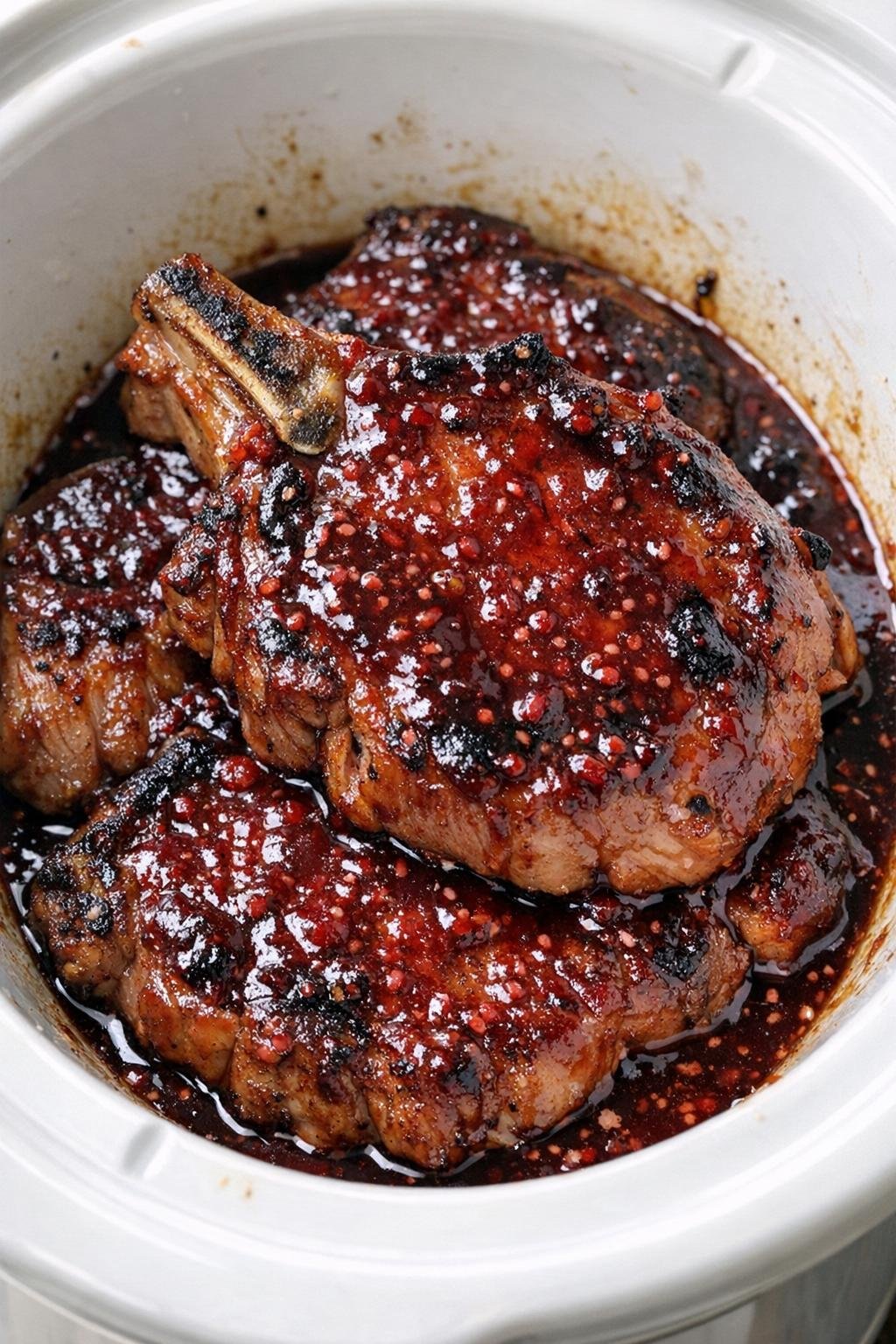 Slow cooker raspberry chipotle pork chops in a white slow cooker