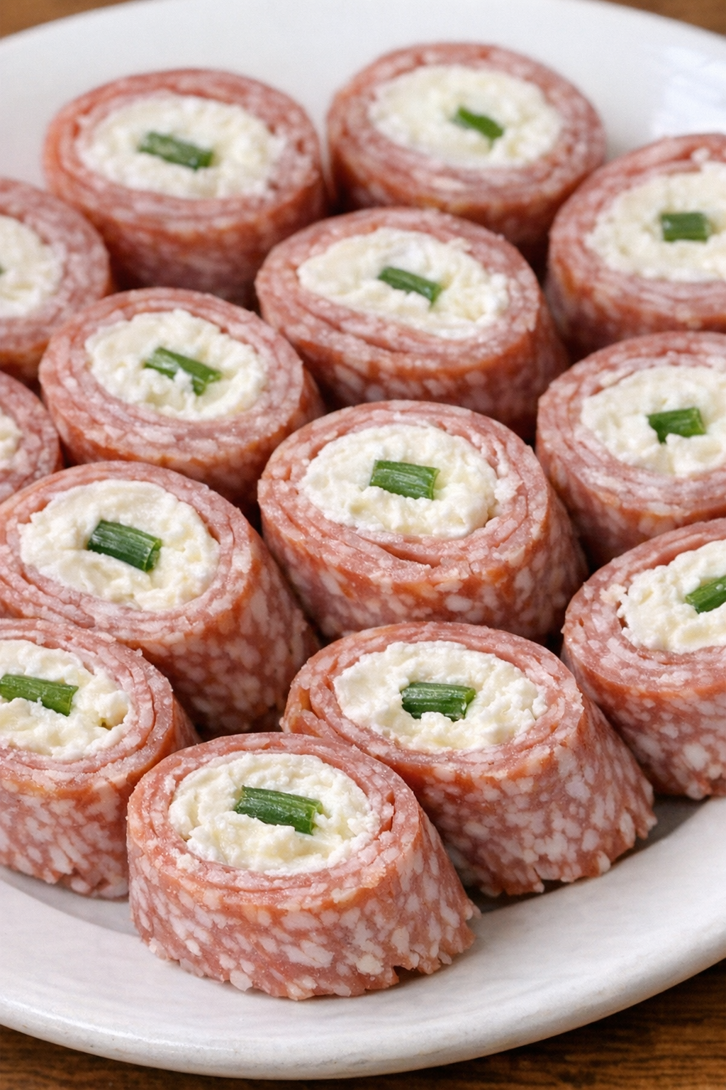 Southern 3-ingredient salami cream cheese roll ups on a white ceramic plate