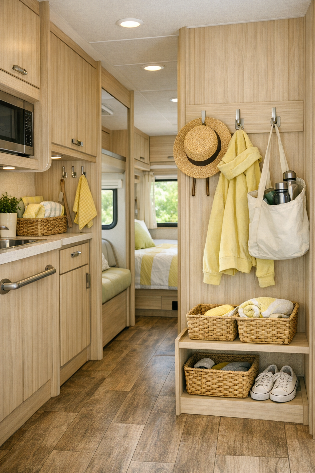 RV camper hallway and storage area with light wood cabinetry and pastel lemon accents