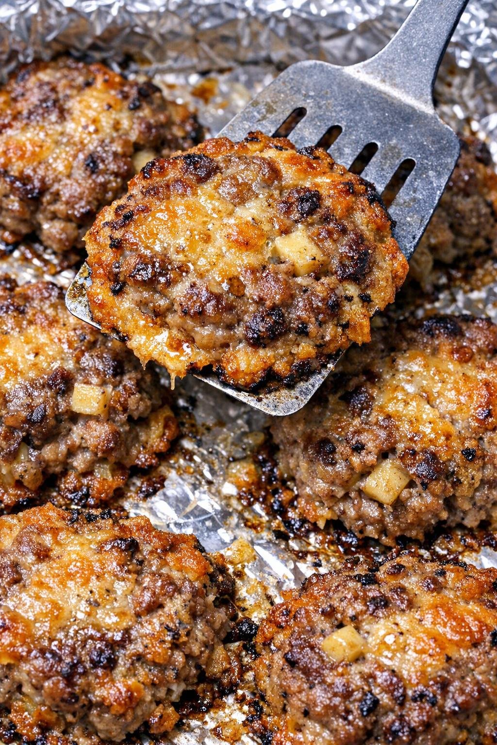 Low carb 4-ingredient sausage Waldorf patties on a foil tray