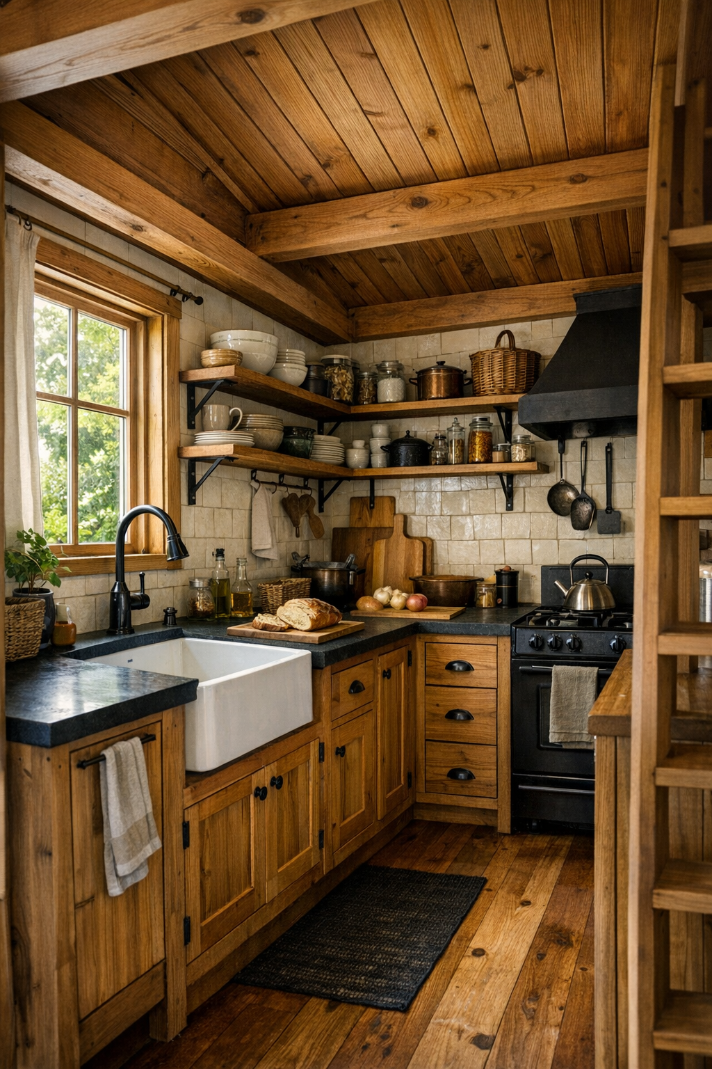Tiny cedar kitchen with soapstone counters and handmade tile backsplash