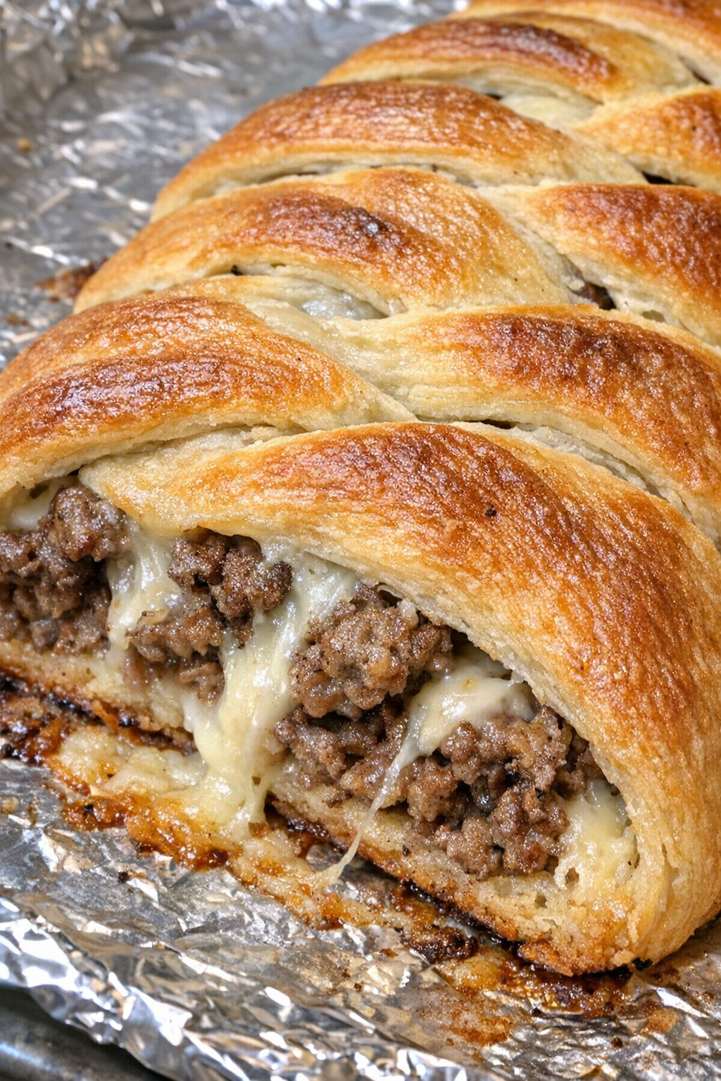 Oven baked beef crescent braid on a foil-lined baking sheet