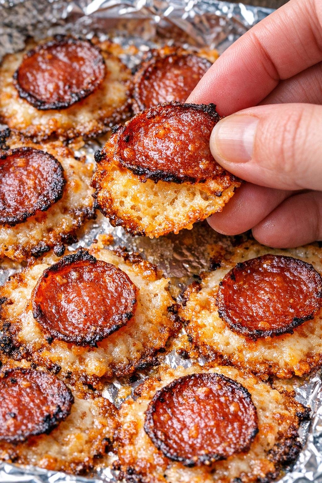Low carb pepperoni crisps on a foil tray