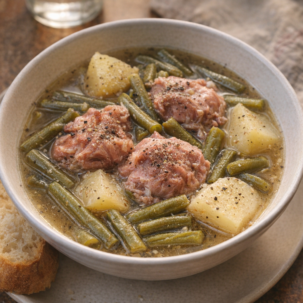 Bowl of ham, green beans, and potatoes ready to serve
