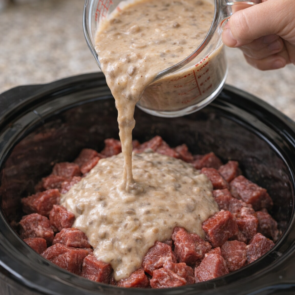 Creamy mushroom mixture being poured over beef in the slow cooker