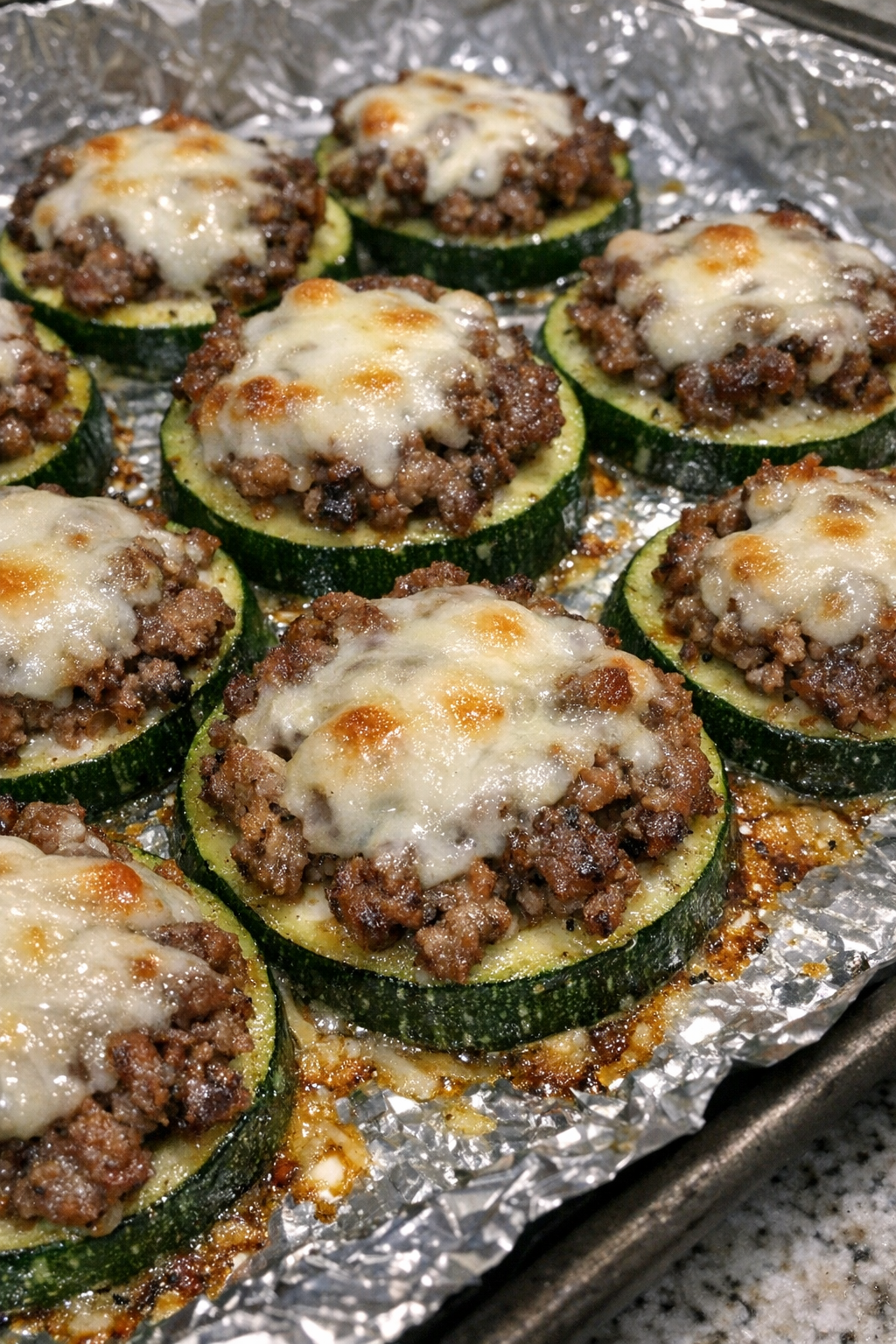 Oven baked beef zucchini bites on a foil-lined baking sheet