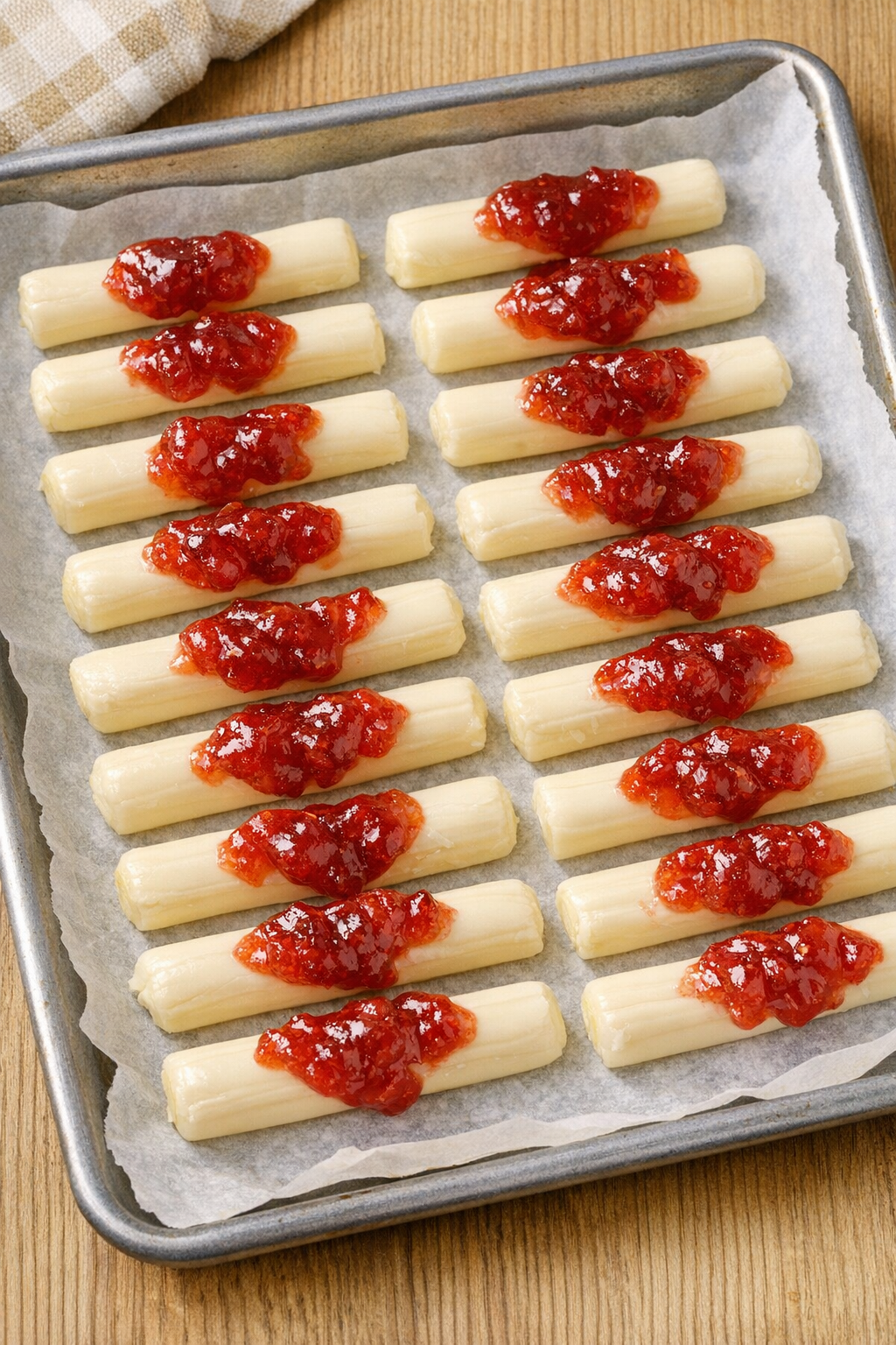 String cheese topped with strawberry jam on sheet pan