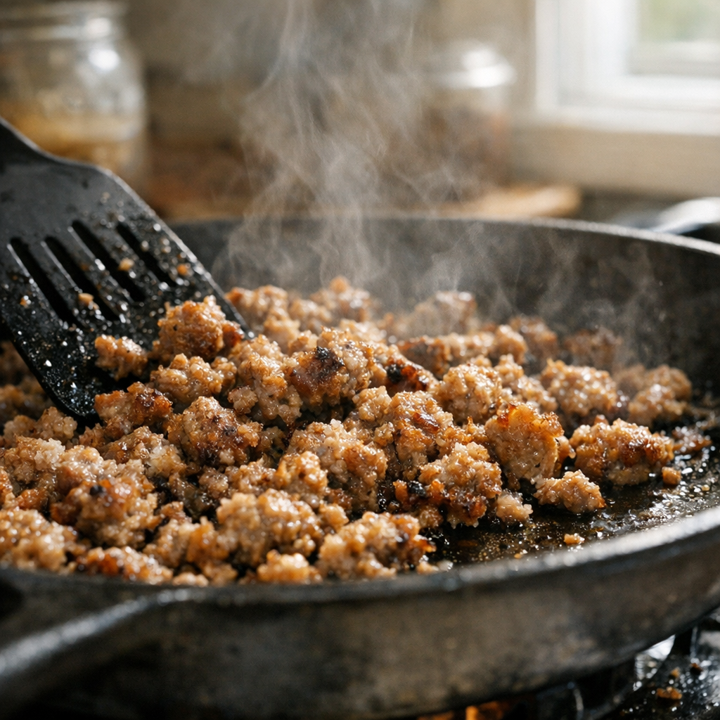 Breakfast sausage browning in a skillet