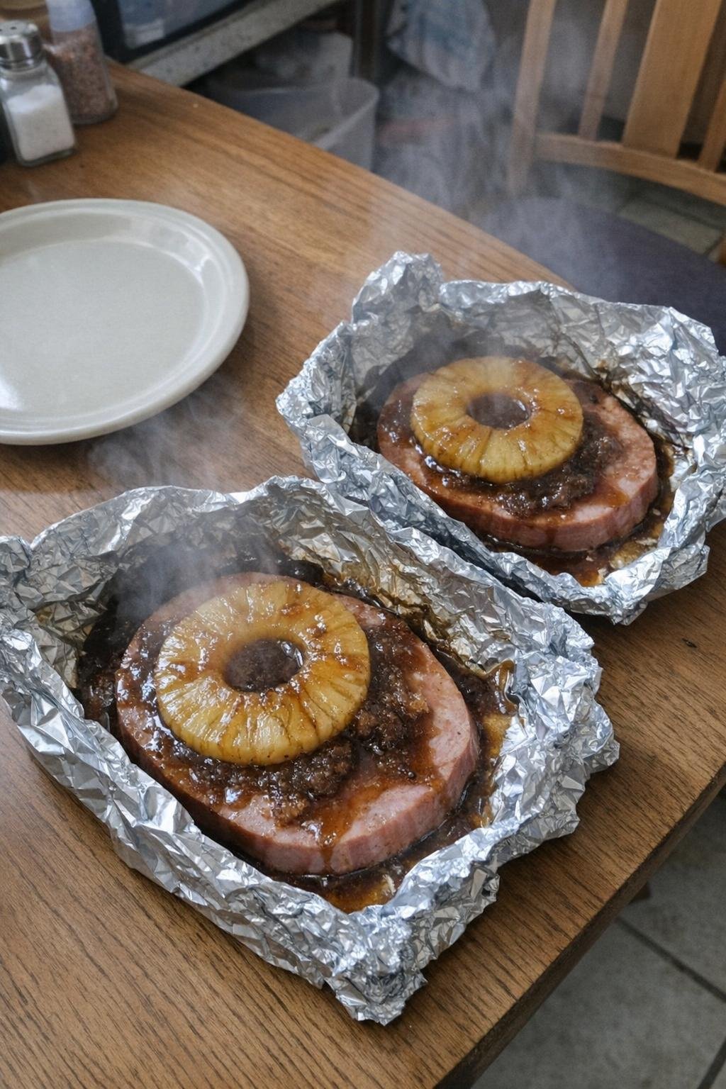 Brown sugar and pineapple glazed ham steaks in foil