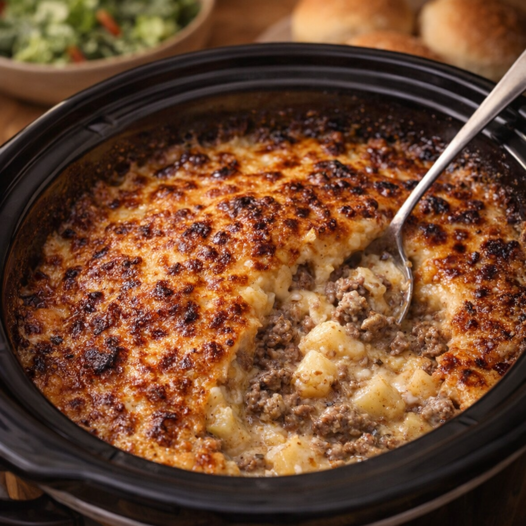 Slow cooker cheesy beef potatoes served family-style
