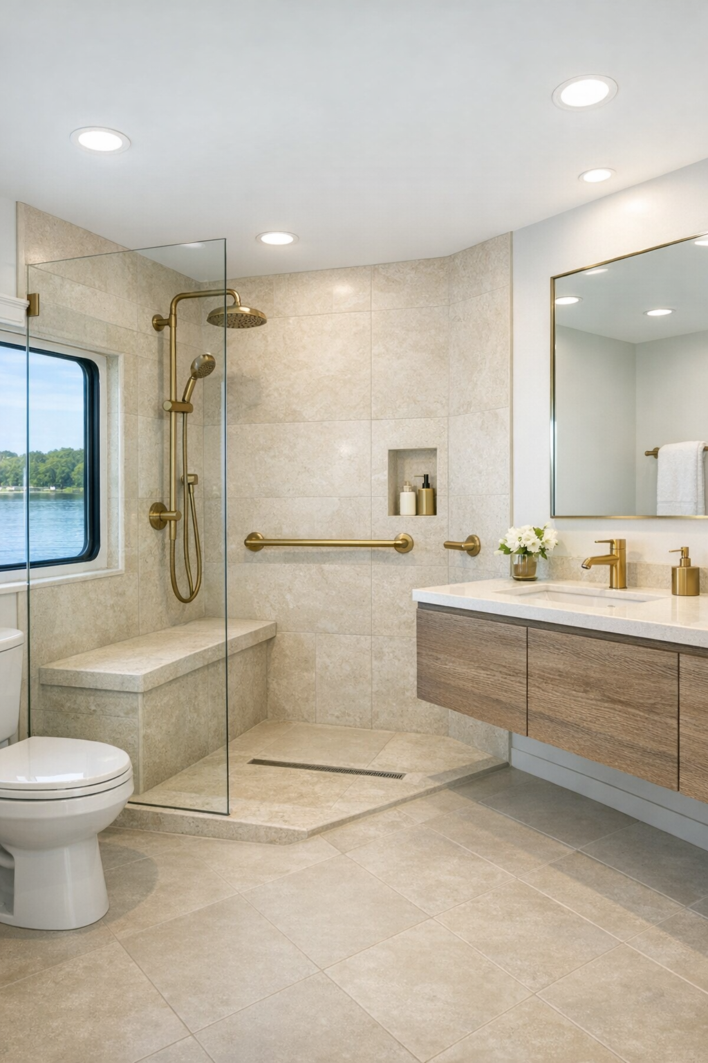 Elegant accessible bathroom with curbless shower, limestone-look tile, and floating vanity