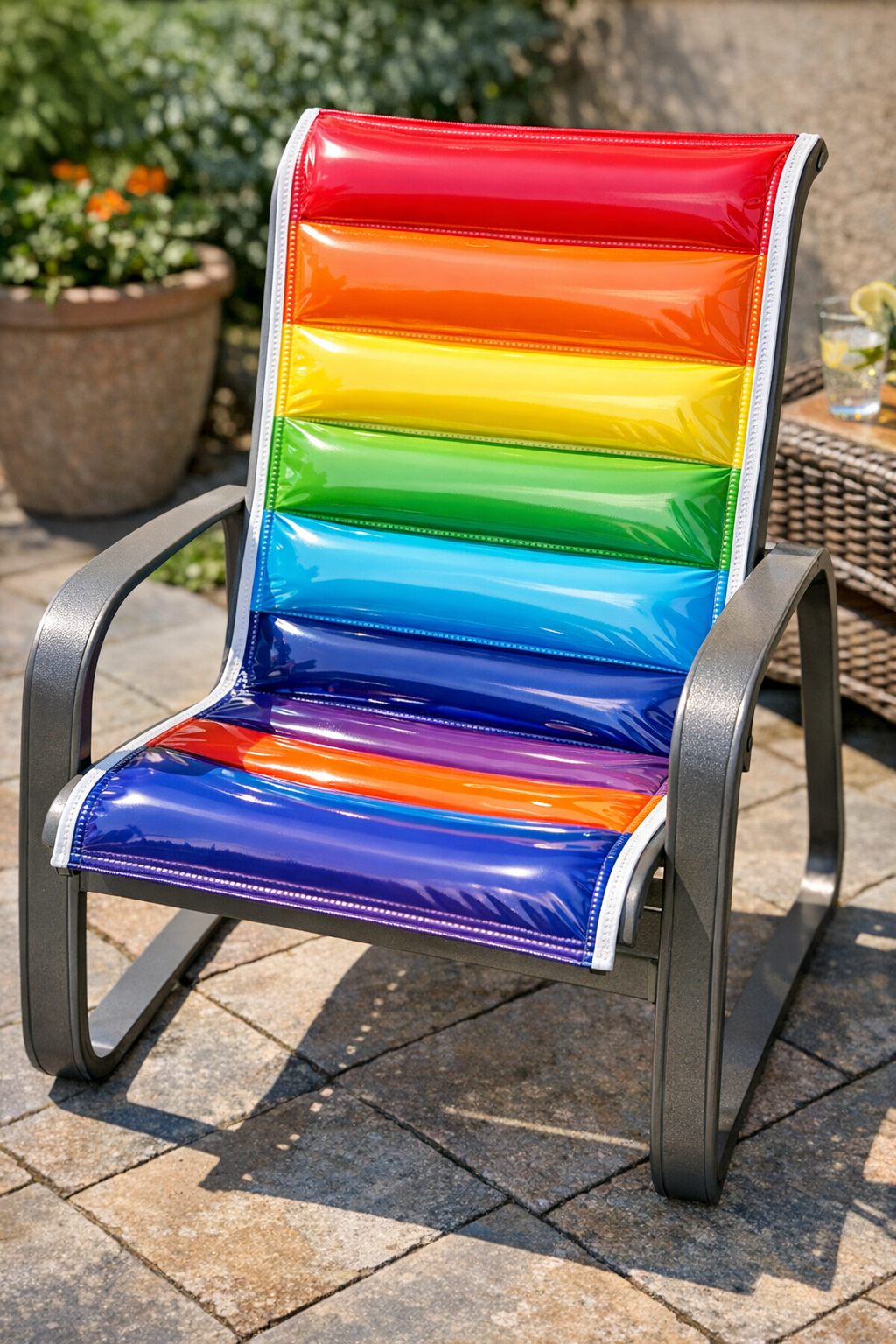 Finished heavy-duty patio chair sling made from vinyl pool floats