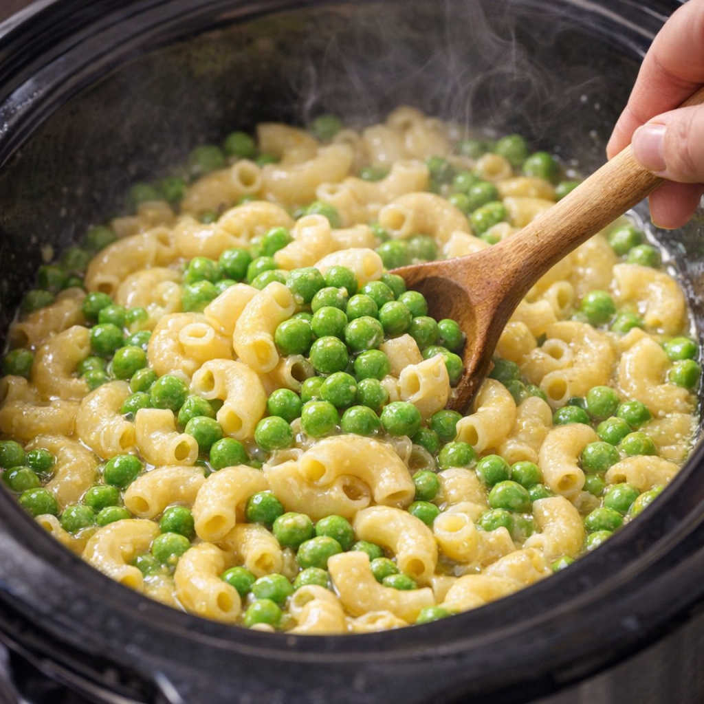 Frozen peas being stirred into buttery macaroni
