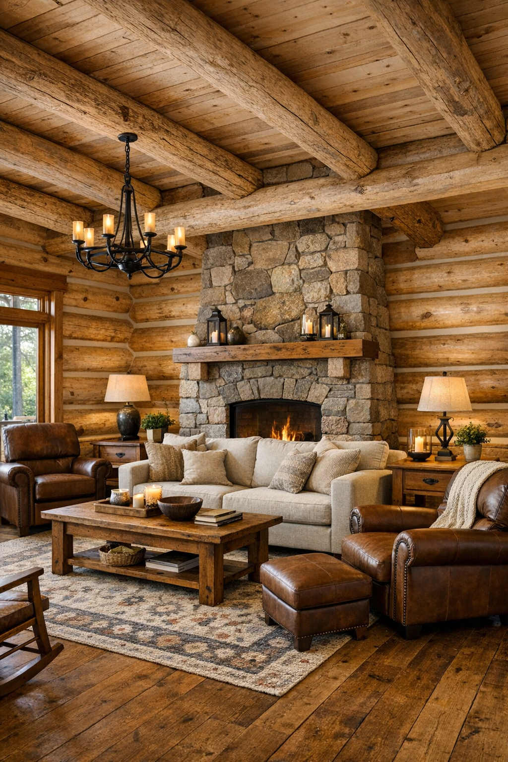 Warm log home living room with Amish-crafted wood furniture and stone fireplace