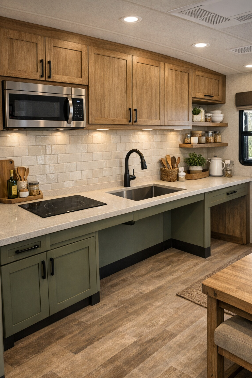 Accessible RV kitchen with olive cabinetry and creamy countertops