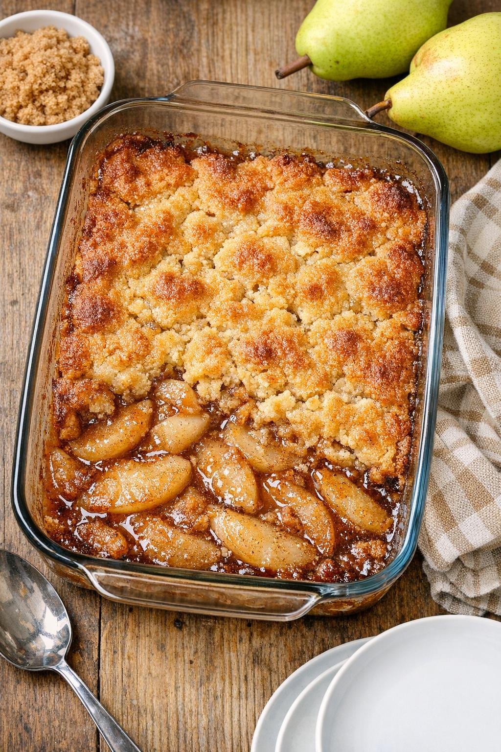 Finished baked pear dessert in a glass baking dish