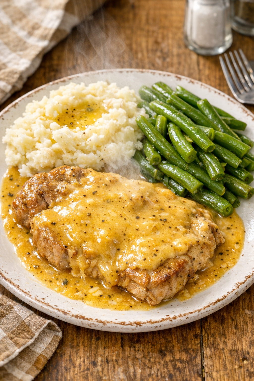 Finished plated pork steaks with creamy sauce
