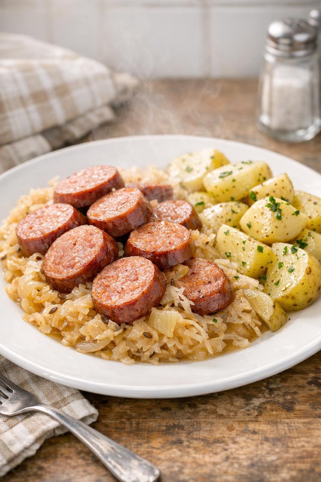 Finished kielbasa and sauerkraut plated for supper