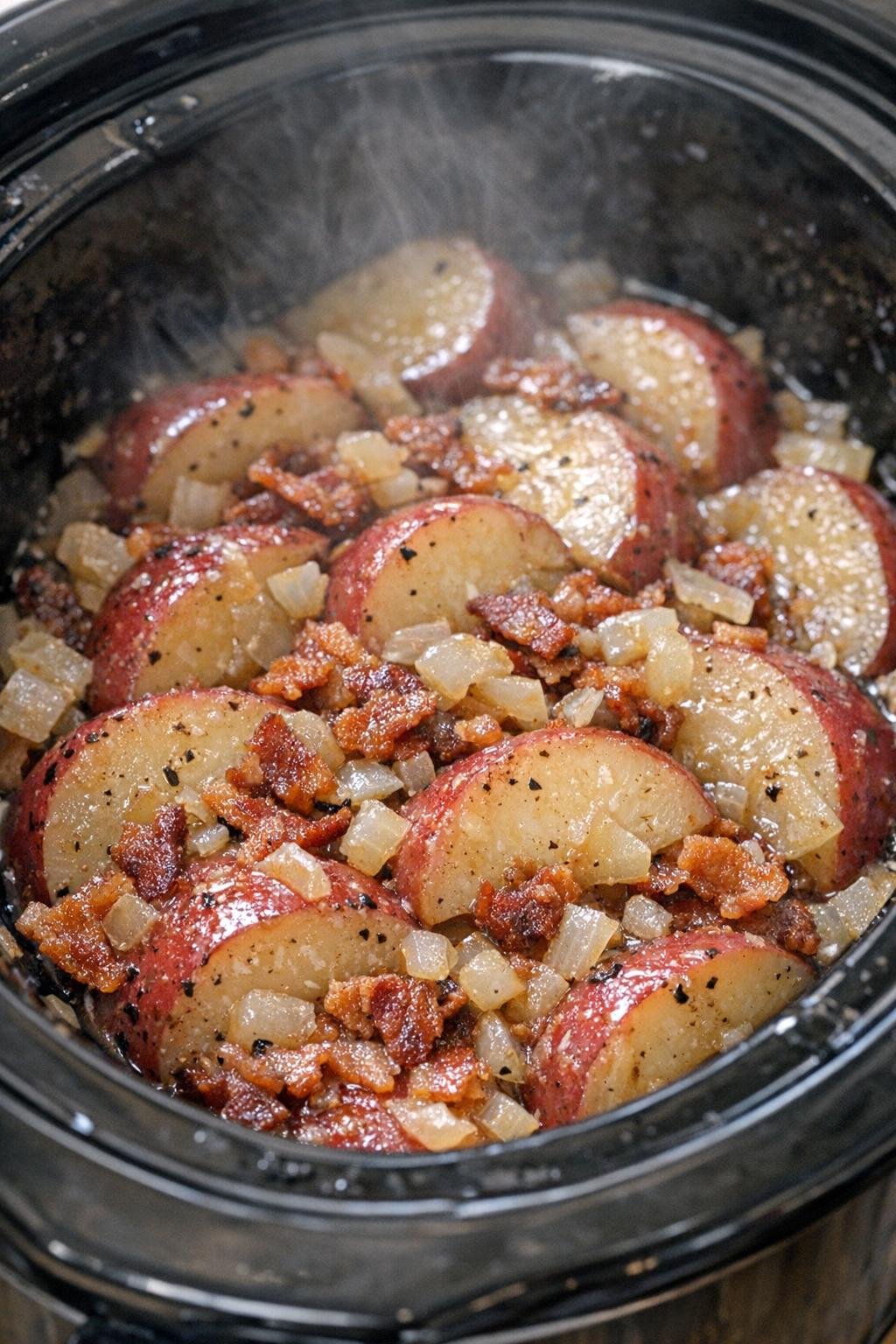 Slow cooker hot German potato salad in a black crock
