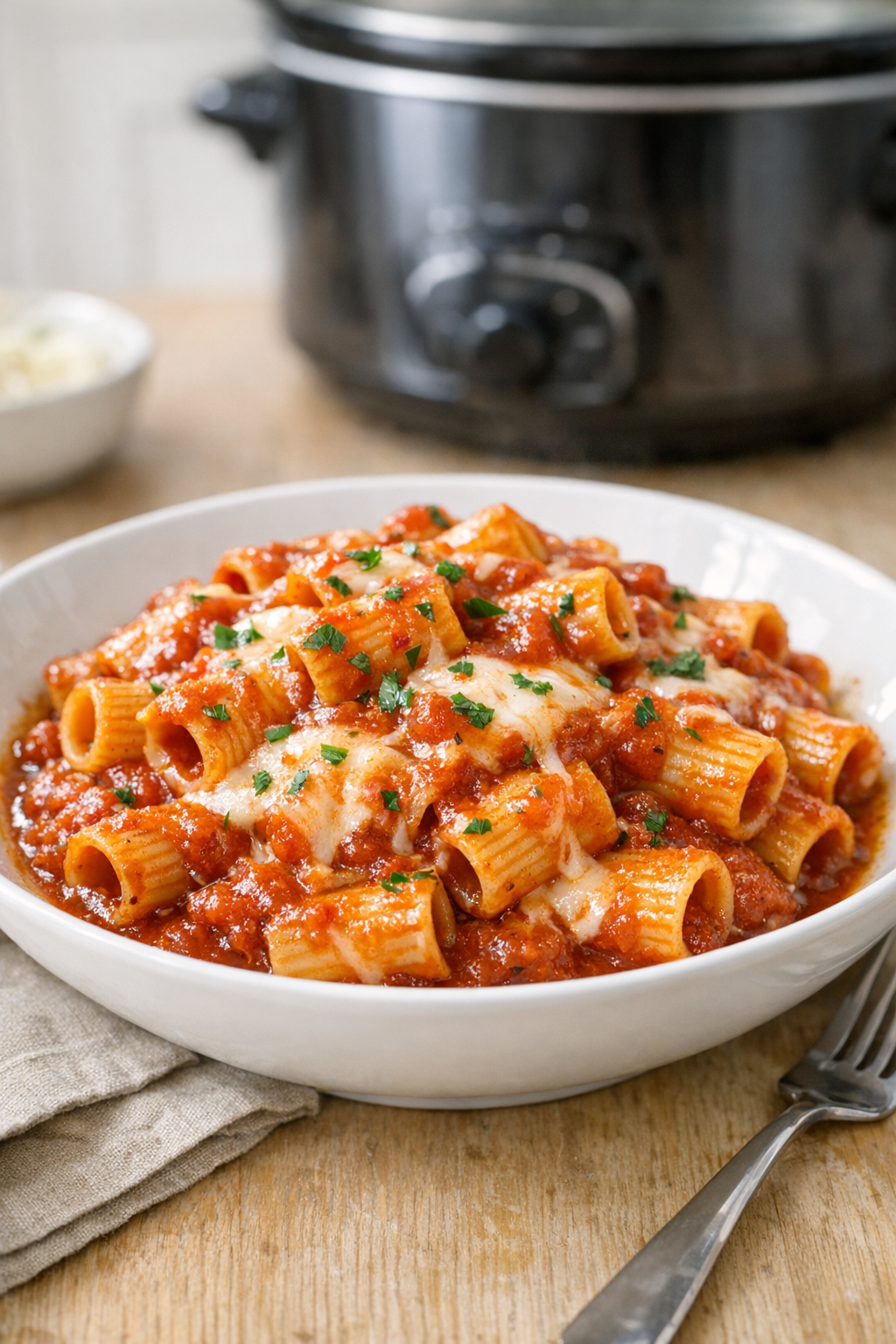 Finished plated slow cooker mezzi rigatoni
