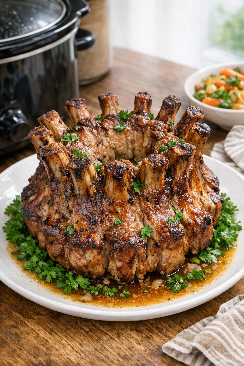 Finished slow cooker pork crown roast on a serving platter