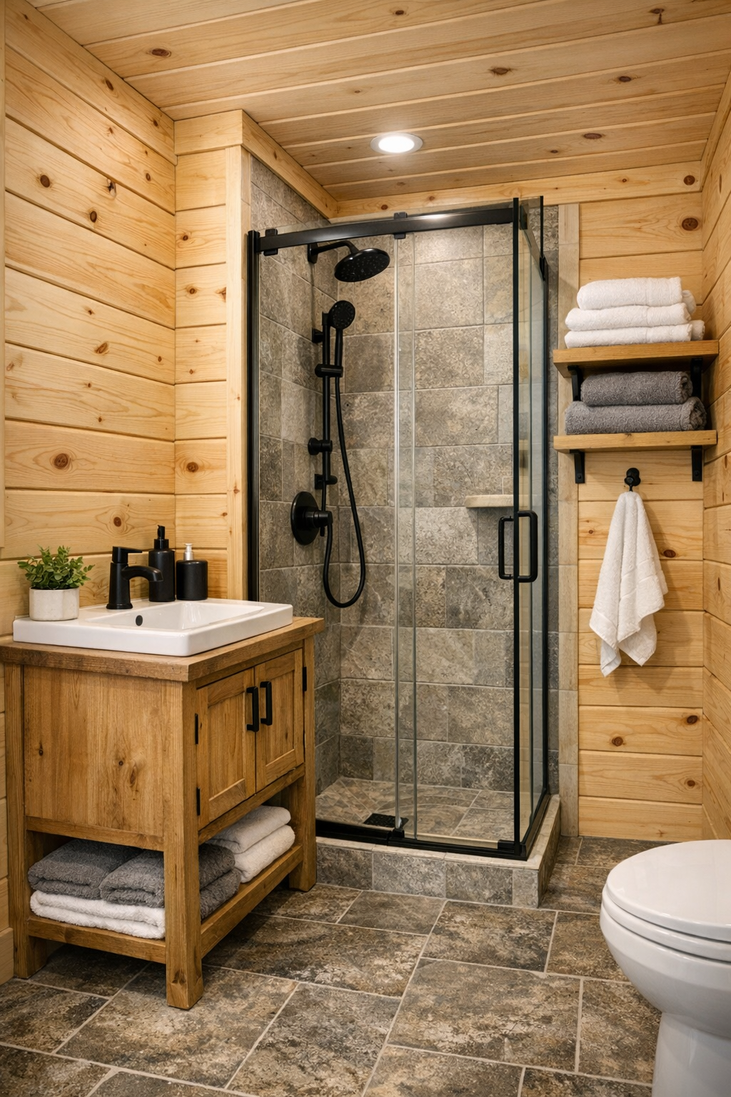 Small warm bathroom with pine trim, a wood vanity, glass shower, and soft stone-toned tile