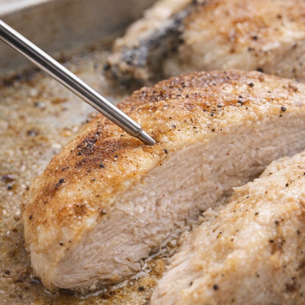 Meat thermometer inserted into a cooked chicken breast