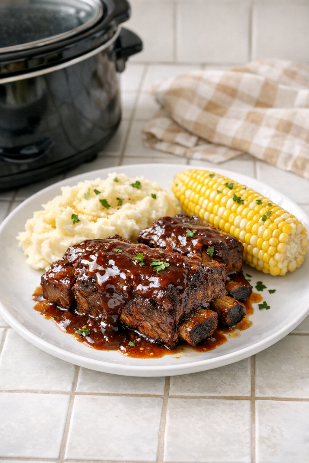 Finished plated root beer beef short ribs with glossy sauce