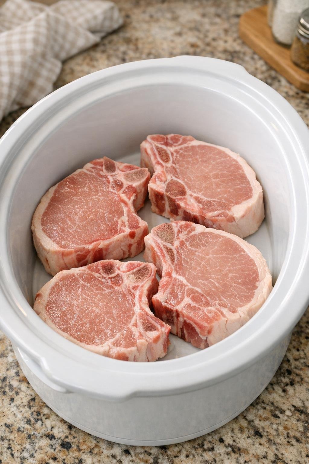 Pork chops arranged in the slow cooker