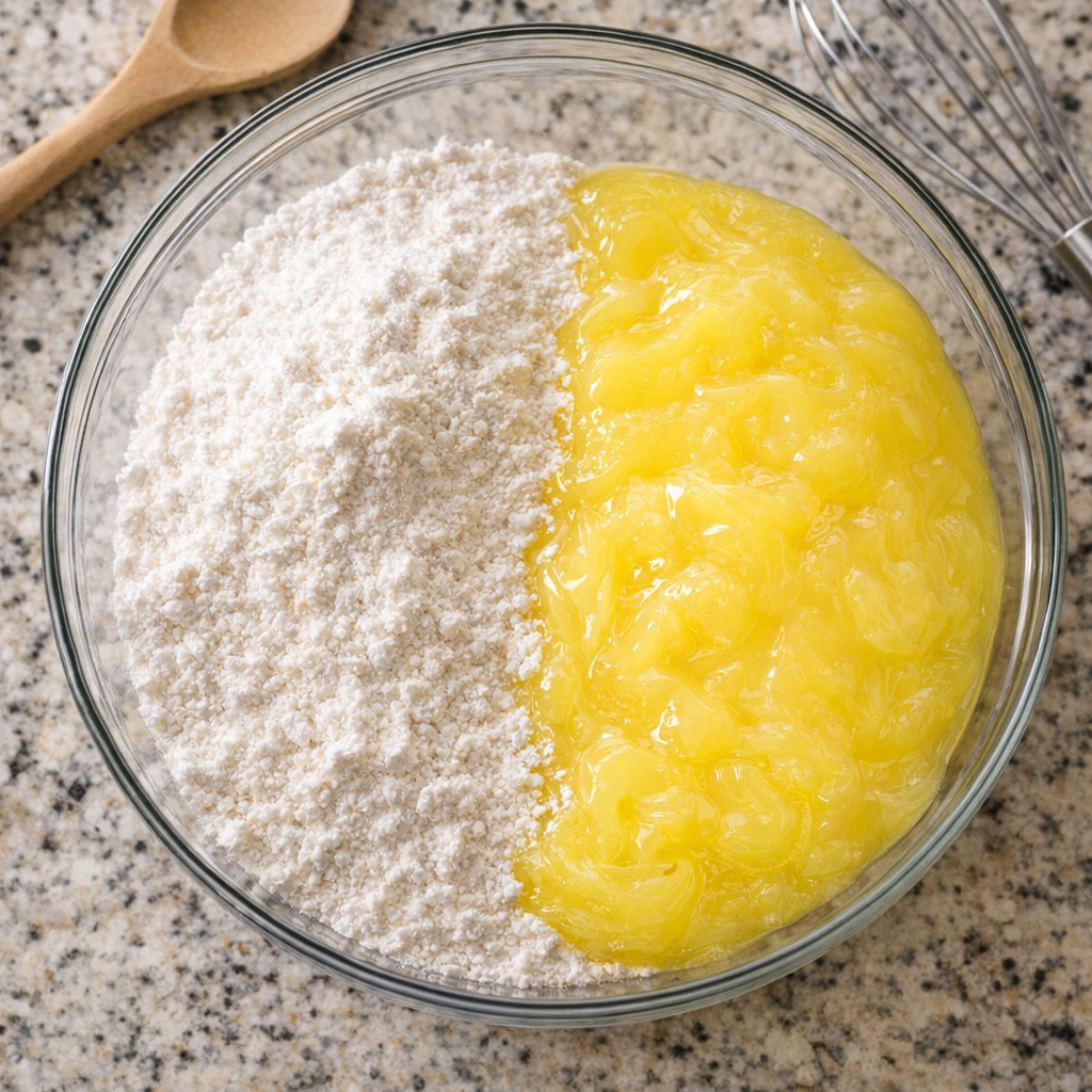 Angel food cake mix and lemon pie filling in a mixing bowl