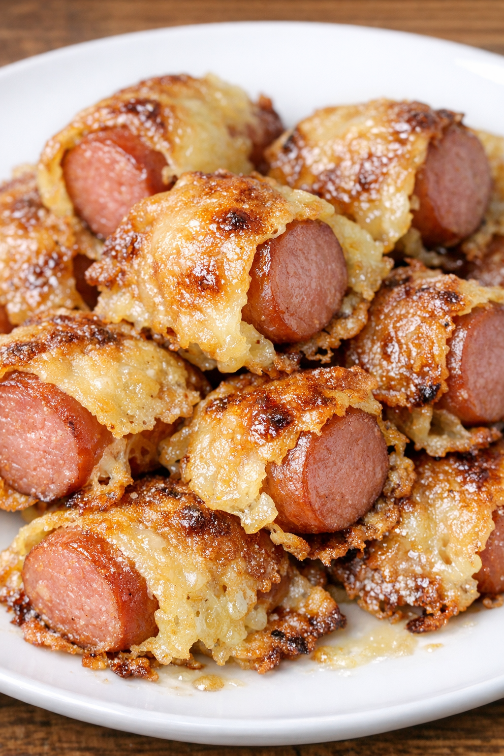 Low carb 3-ingredient cheese hot dog bites on a white plate