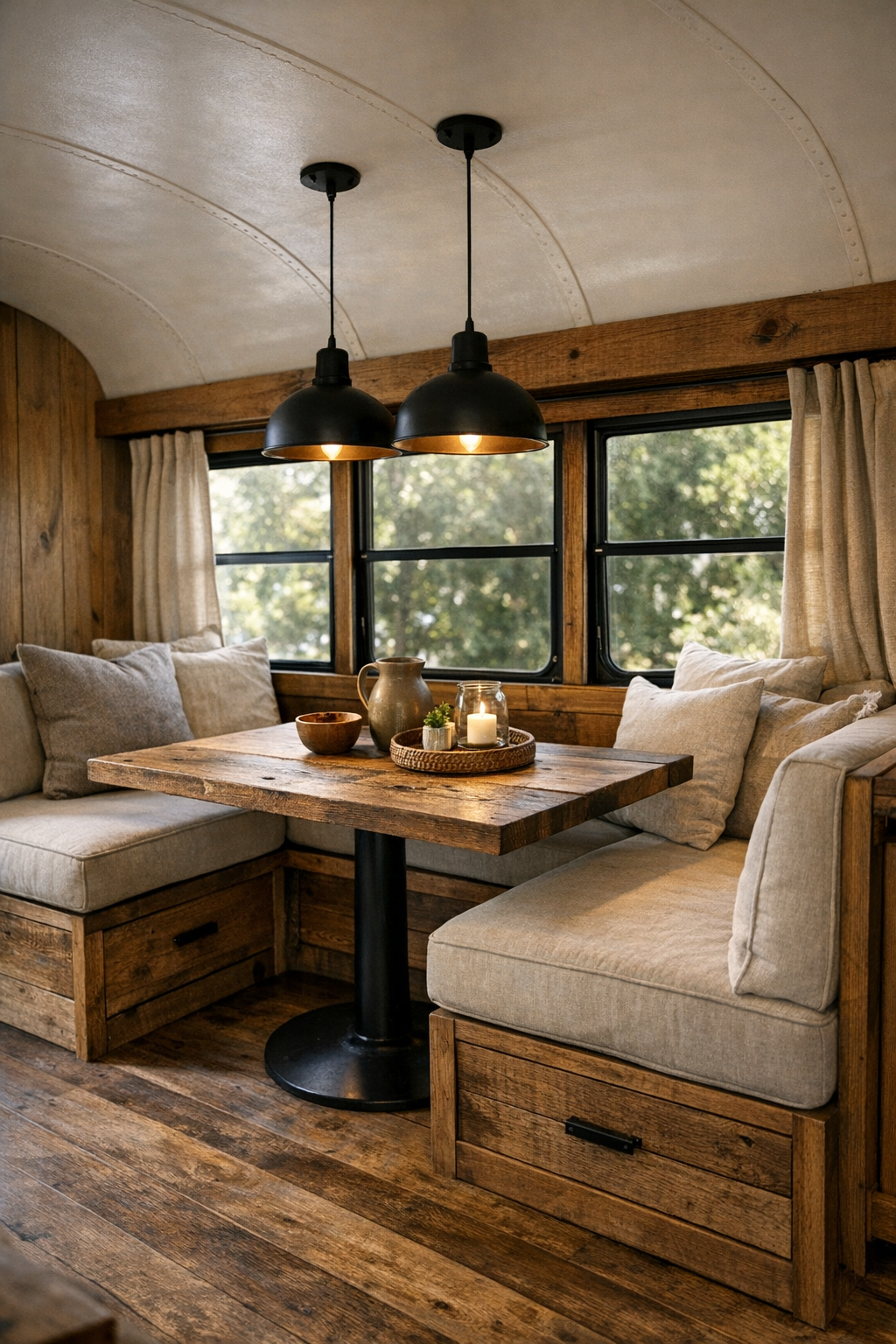 Small rustic dining nook in a converted bus with banquette seating and reclaimed wood table