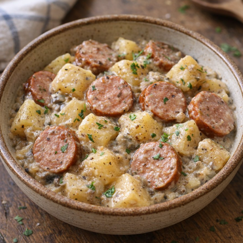 Slow cooker sausage and potatoes served in a rustic bowl