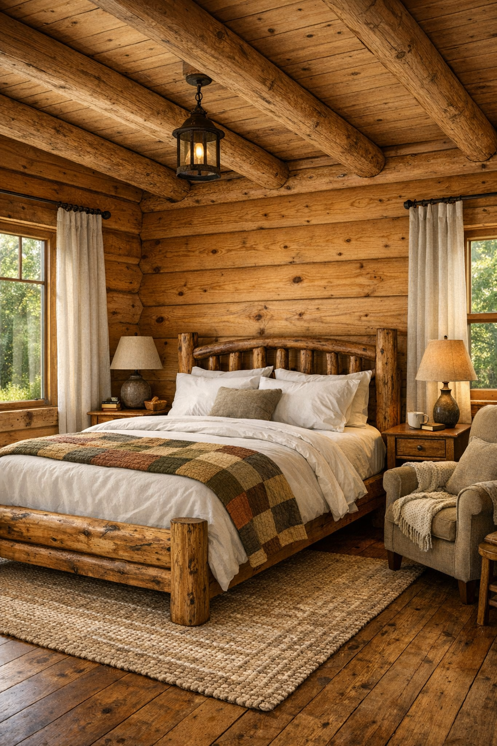 Bedroom with handmade wood bed, layered neutral textiles, and warm log walls