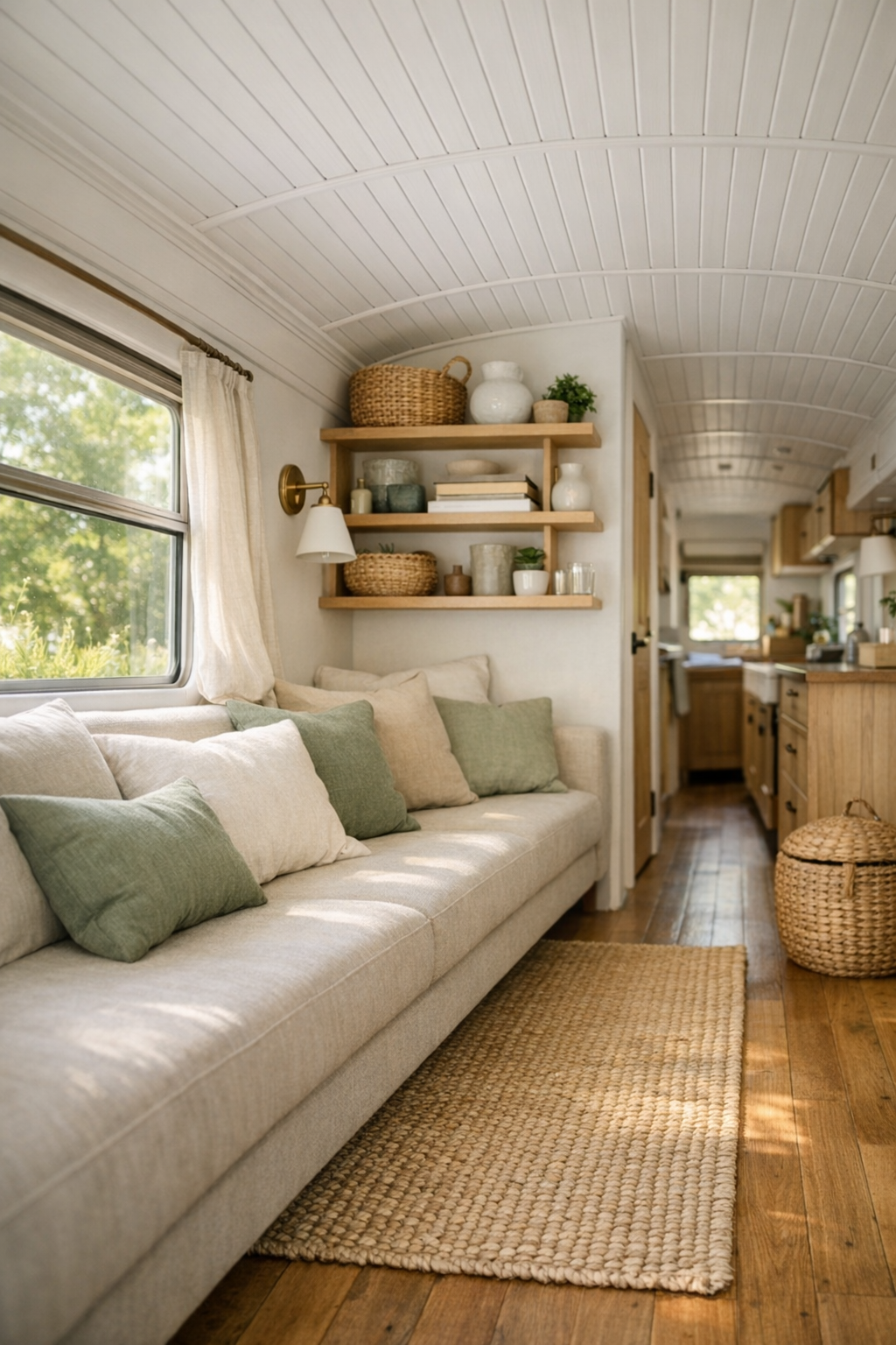 Bright living room inside the converted bus with linen bench seating and pale wood finishes