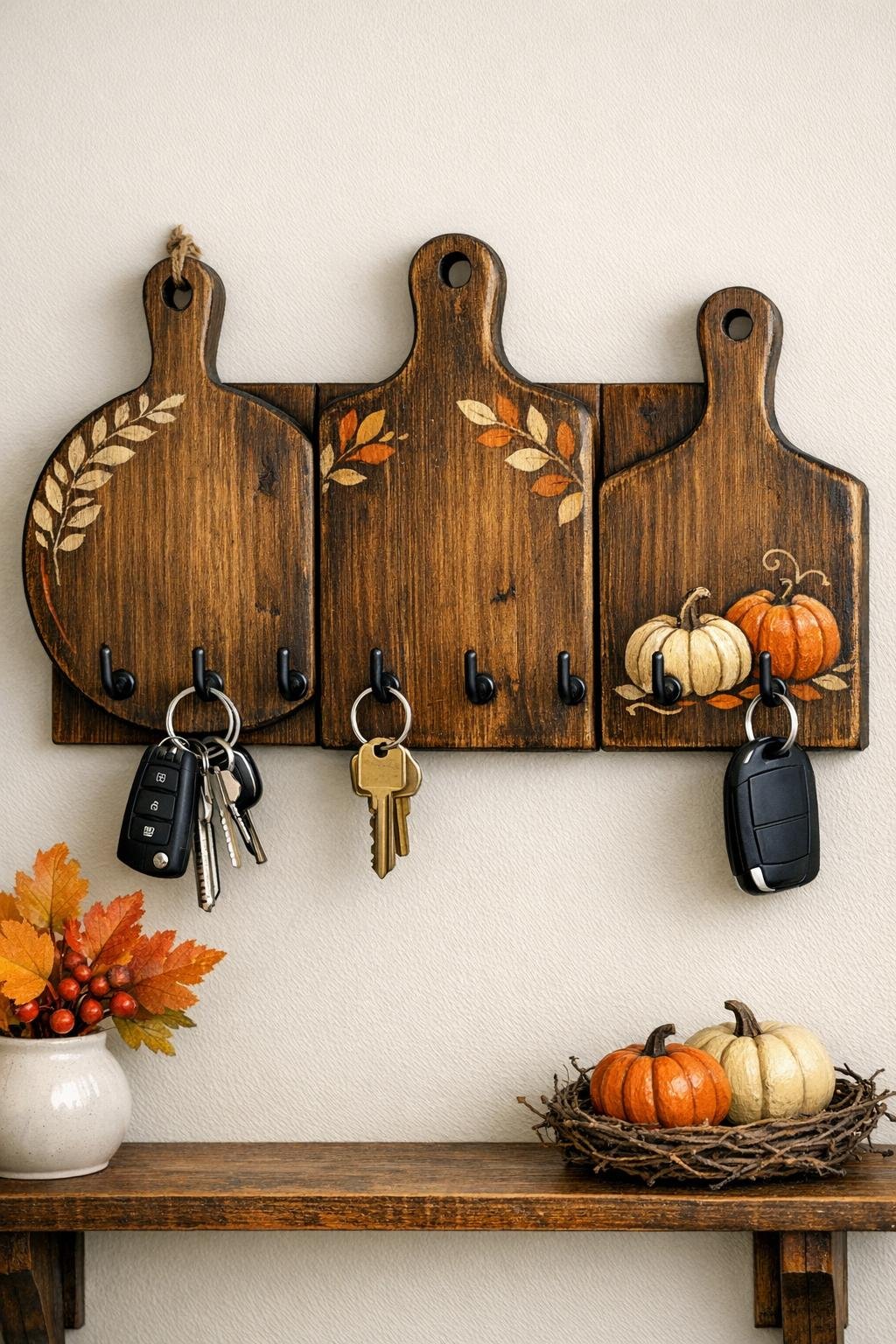 Finished autumn key holder made from three old wooden cutting boards with hooks