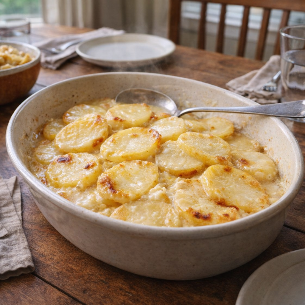 Slow cooker potatoes served family-style on a Sunday dinner table