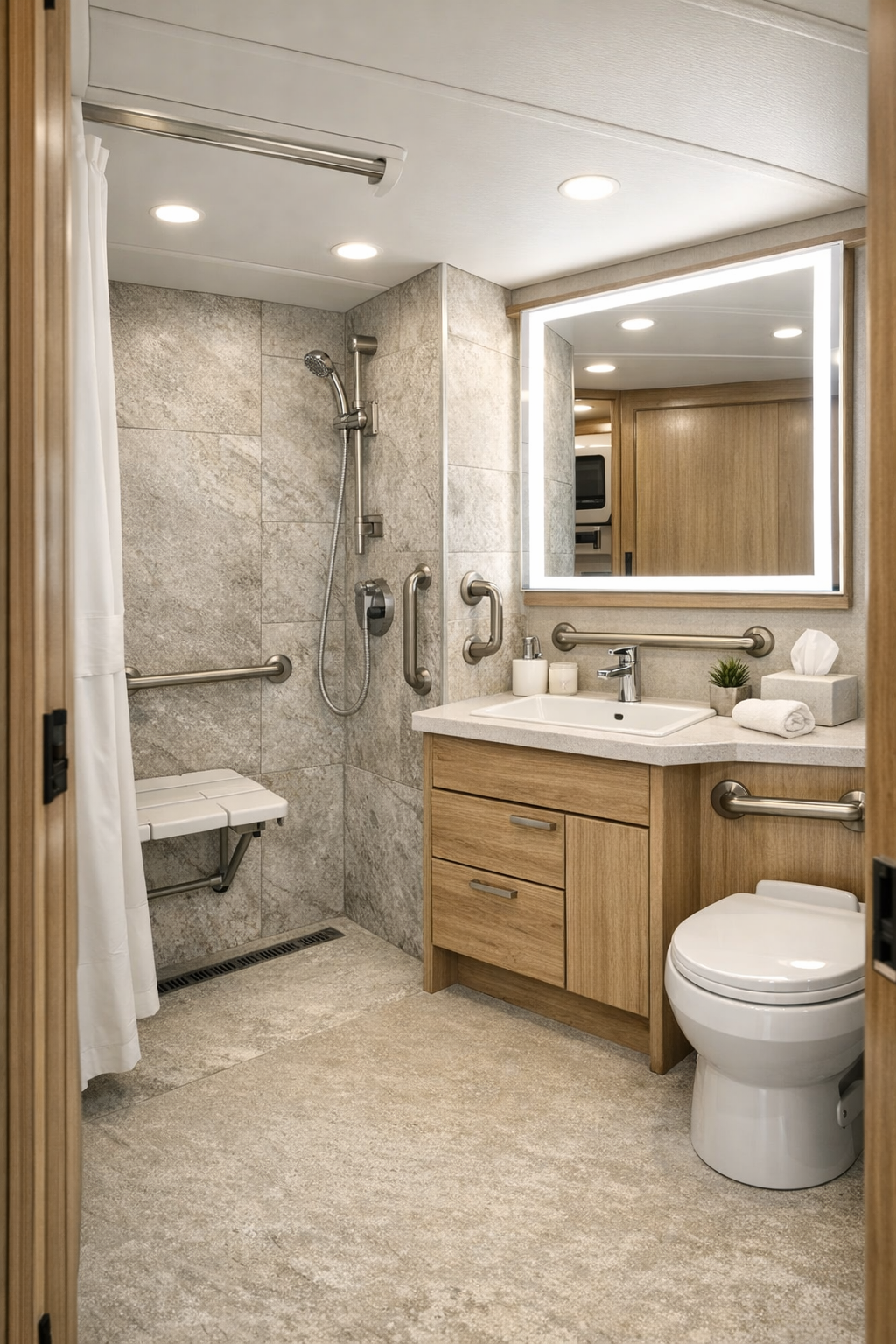 Stylish accessible RV bathroom with curbless shower, light wood vanity, and soft stone finishes