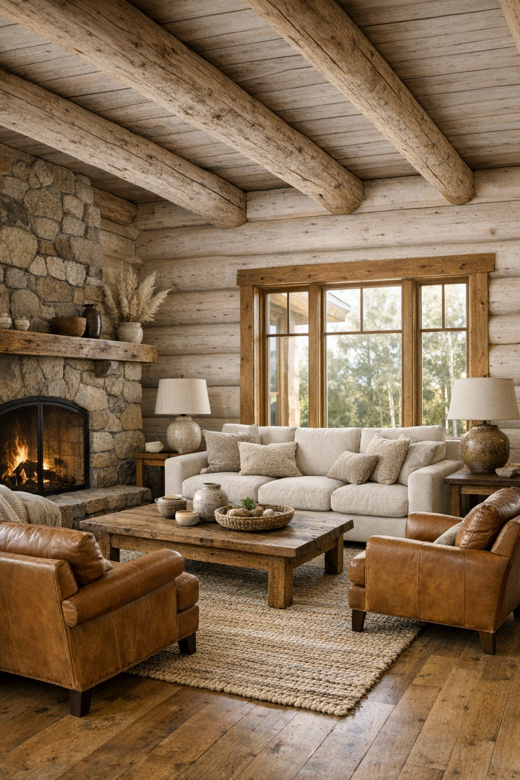 Bright living room with pale log walls, stone fireplace, exposed beams, and soft neutral seating