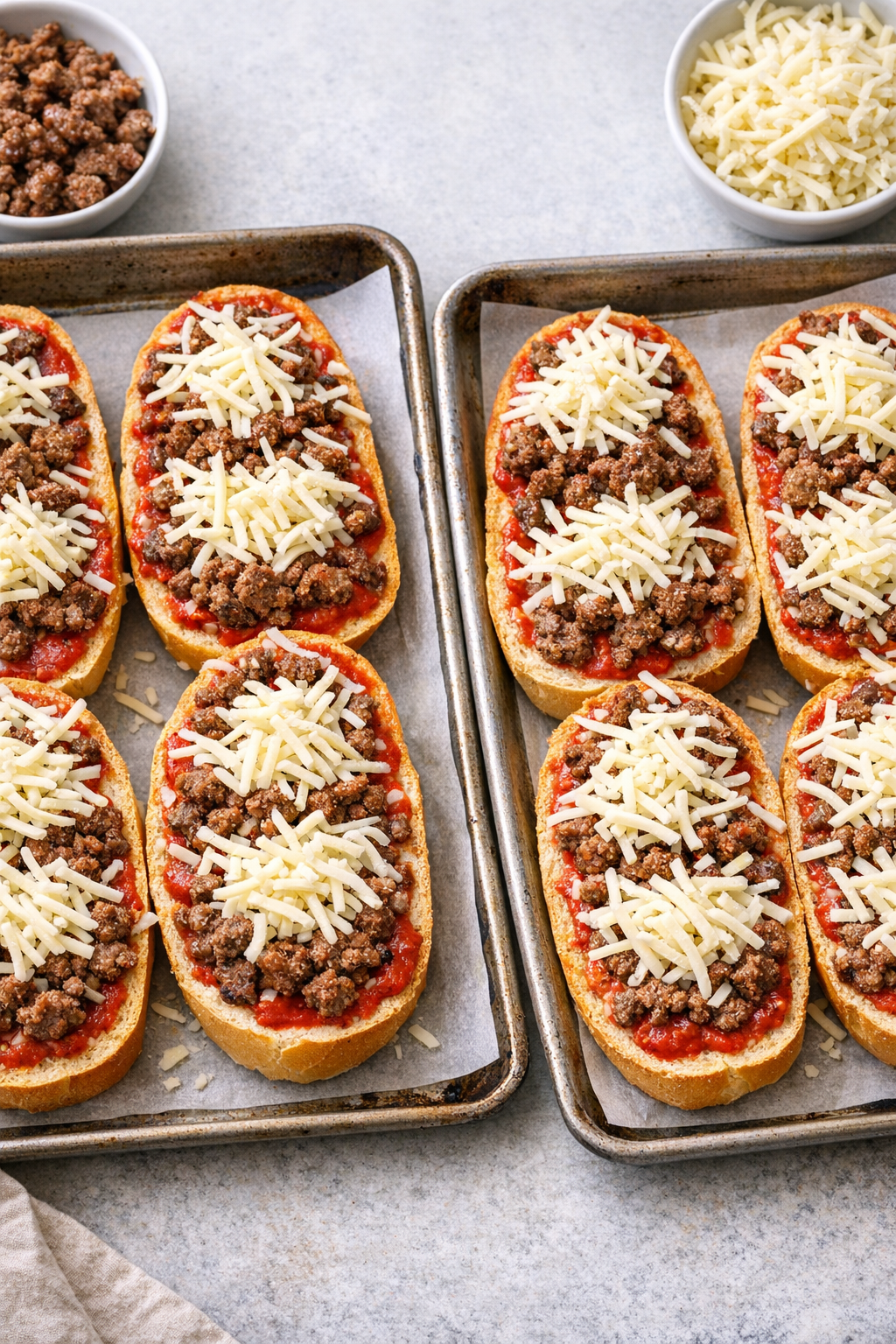 French bread topped with sauce beef and cheese before baking